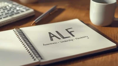 Notebook with the ALF acronym written on paper, representing Awareness, Leadership, and Flexibility in a natural office setting.