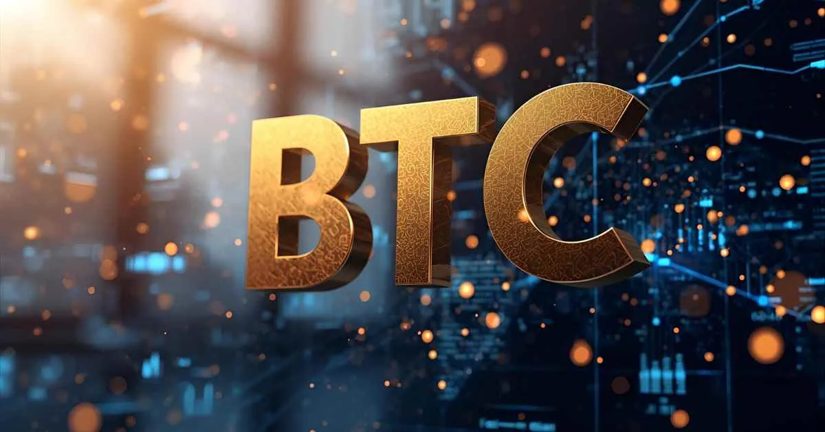 BTC acronym meaning displayed in bold futuristic typography on a digital background