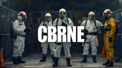 Emergency response team wearing full CBRNE protective suits using chemical and radiation detection equipment at a secured hazard zone.