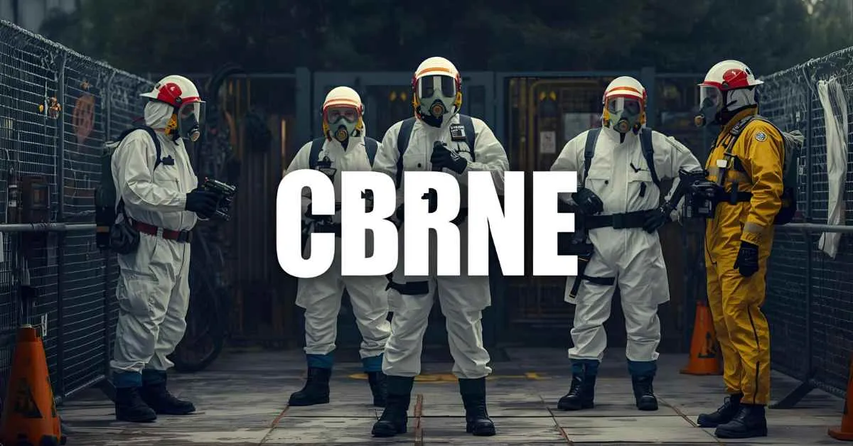 Emergency response team wearing full CBRNE protective suits using chemical and radiation detection equipment at a secured hazard zone.