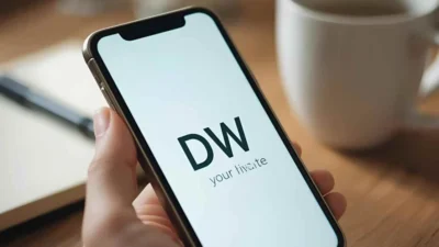 Smartphone showing a text message with the DW acronym meaning “don’t worry,” displayed on a clean wooden desk with natural light.