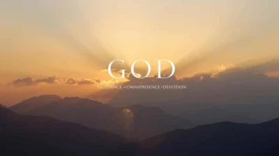 Sunrise landscape with GOD acronym meaning Guidance, Omnipresence, Devotion displayed in soft glowing text