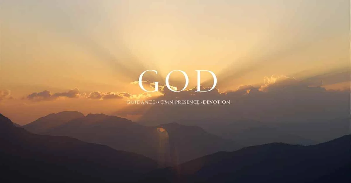 Sunrise landscape with GOD acronym meaning Guidance, Omnipresence, Devotion displayed in soft glowing text